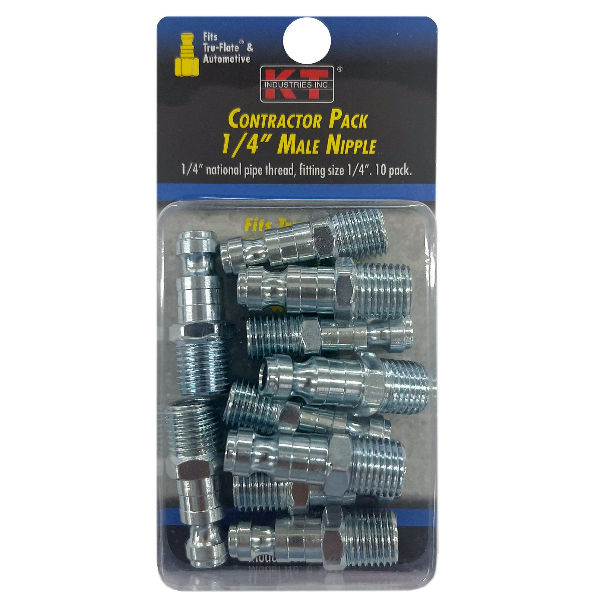 K-T Industries Tru-Flate 1/4in. Male NPT Nipples — 10 Pcs, Zinc-Plated Steel, Model# 6-5031